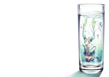 Miku in the Glass - female, hot, water, simple, anime girl, bubbles, underwater, white, anime, miku, cute, hatsune miku, sexy, glass, girl, twintails, long hair, vocaloids, hatsune, vocaloid, plain