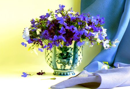 FLOWERS - white, cloth, purple, arrangement, flowers, vase