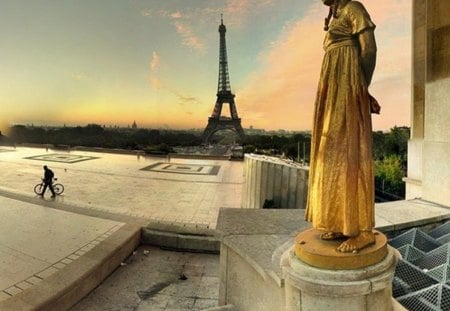 Paris - statue, eiffel tower, architecture, monument, gold