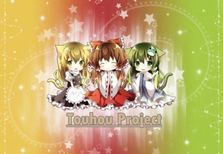 Touhou Project - girls, touhou project, stars, yellow, red, green, smile