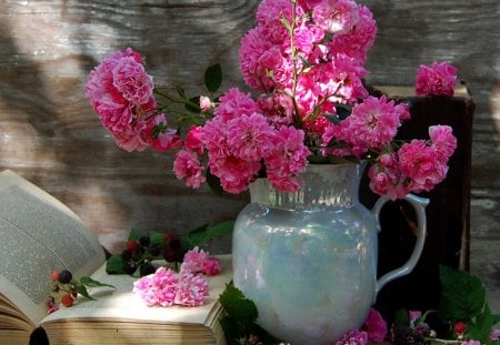 Book & Blossoms ♥ - flowers, vase, arrangement, book, sunshine, pink, still life