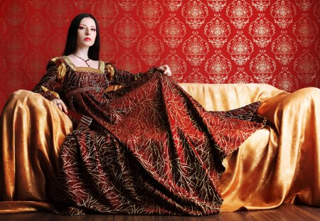 Madame - princess, lady, sofa, background, gown, elegant, red, graceful, dress