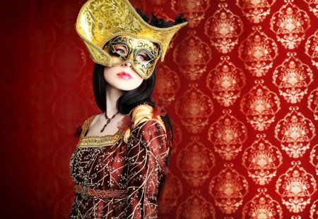 My Mask - red, lady, pretty, model, mask, curtain