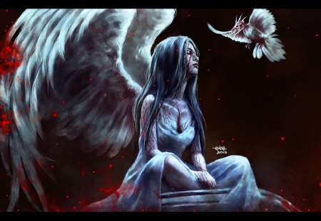 When God is gone and the Devil takes hold - woman, death, angel, girl, magic, wings, long hair, bird, white, dark, dress