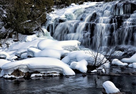 Winter Waterfall - nature, waterfall, rocks, snow