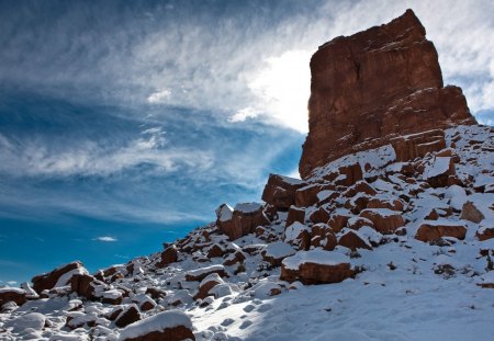 Monument Valley, Colorado - clouds, winter, blue, tan, snow, rock, daylight, mountain, nature, cold, day, sky