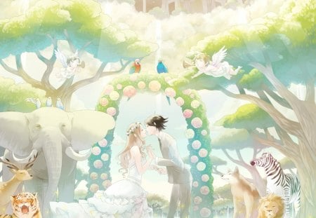 Enchanted Wedding - pretty, female, wing, romantic, romance, angel, sublime, parrot, peace, nice, lion, woods, gown, bride, groom, wedding, beauty, feather, love, flower, wings, deer, cute, animals, bird, anime, elegant, divine, kawaii, wolf, dress, bride and groom, guy, amour, wed, forest, magical, boy, male, elephant, gorgeous, cupid, anime girl, beautiful, girl, lovely, tiger, sweet, zebra, fantasy, handsome, couple