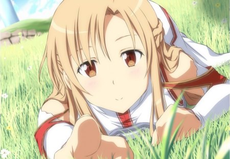 Yuuki Asuna - female, brown eyes, hot, anime girl, field, sao, armor, brown hair, yuuki, anime, pointing, yuuki asuna, sword art online, point, cute, grass, sexy, lying, girl, asuna, braids, long hair, asuna yuuki