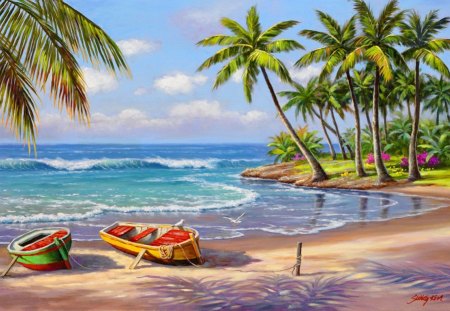 Tropical bay - nice, beaches, seaside, sky, beach, tropics, bay, painting, art, pretty, reflection, paintings, attractions in dreams, sands, palm trees, ocean, boats, palms, summer, tropical, shore, lovely, exotic, waves, nature, love four seasons, beautiful, island, breeze, colors, sea