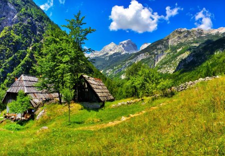 Mountain huts - pretty, hills, summer, grass, spring, nice, houses, sky, clouds, greenery, trees, beautiful, slope, lovely, freshness, peaks, wooden, nature, green, cabins, cottages, huts, rocks