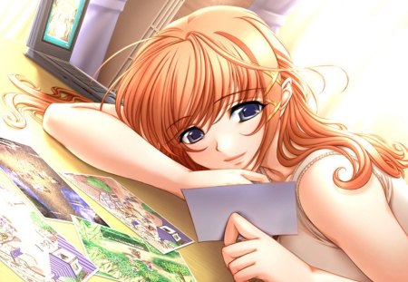 Kohane Nagaregawa - orange hair, digital, cute, photo, hot, anime, lying, anime girl, girl, long hair, computer, image, sexy, female, laptop