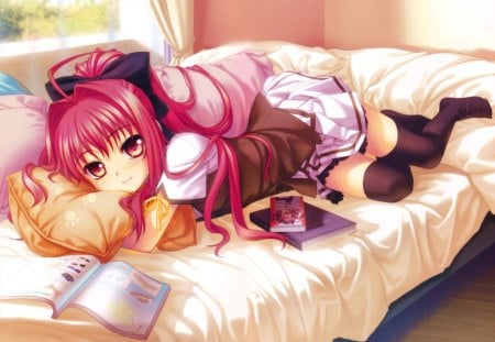 Kannatsuki Noboru - beauty, nice, redhead, bed, female, hot, anime girl, book, red eyes, pretty, anime, cute, pillow, sexy, lying, girl, long hair, red hair, lovely, beautiful, sweet, bedroom, dress