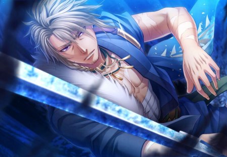 Kodo no Mae - game, anime, sword, white hair, purple eyes, male, hiiro no kakera, manga, shirahana no ori, weapon, games, video games, video game, kodo no mae