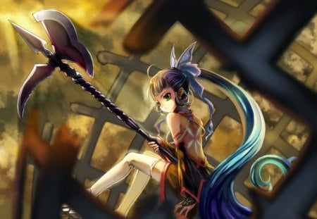 Axe Warrior - fighter, anime, anime girl, female, warrior, hot, girl, green eyes, long hair, cute, weapon, axe, sexy