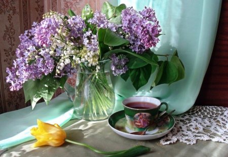 Harmony - porcelain, yellow, lilac, spring, flowers, scent, vase, relaxing, mauve, tea, still life, tulip, harmony, white, nature, arrangement, teatime, floral, cup