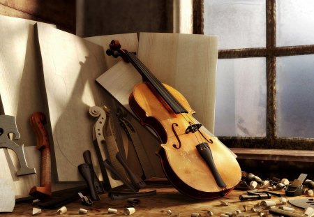 Violin - symphony, note, music, classical, musical instrument, wood, window, beautiful, violin, old, photo