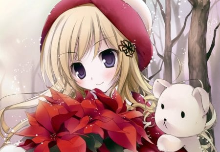 Poinsettia - nice, female, joy, toy, anime girl, pretty, anime, cute, girl, winter, lovely, christmas, kawaii, floral, merry christmas, snow, sweet, poinsettia, happy, flower