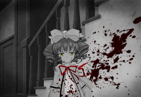 Little girl covered with blood - Girl, Green Eyes, Staircase, Blood