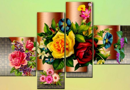 POLYPTYCH SPRING - roses, composotion, polyptych, frame, spring, colors