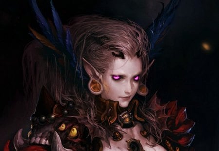 Elf warrior - woman, elf, girl, warrior, fighter, black, fantasy, armor, red, blue, creature, feather, golden, pink eyes