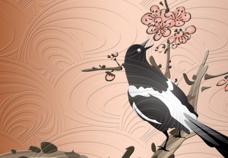 Sakura Magpie - pattern, bird, limb, cherry blossoms, flowers, spring, flleurs, blooms, texture, magpie, tree, branch