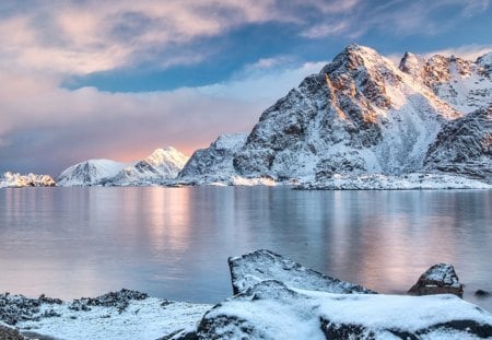 The fjords light - snowy peaks, landscape, sunrise, ocean, mountains