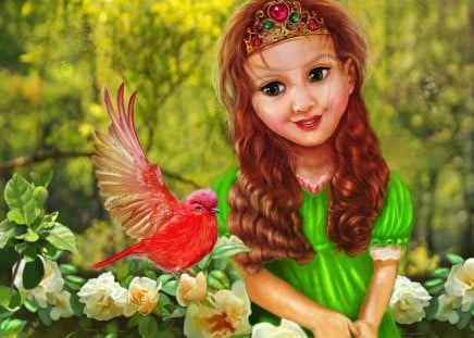 Little Princess - flowers, bird, roses, trees, fantasy, crown, princess