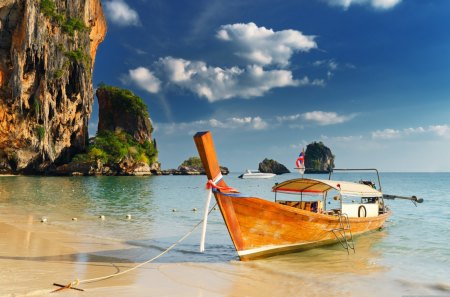 boat - beach, sky, cliff, water, blue sky, rocks, coast, oceans, clouds, thailand, beautiful, sea, sand, boat