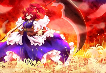 Red Sky - scythe, anime, anime girl, female, blossom, dress, girl, flower, long hair, red eyes, red hair, redhead, touhou, onozuka komachi, weapon, floral