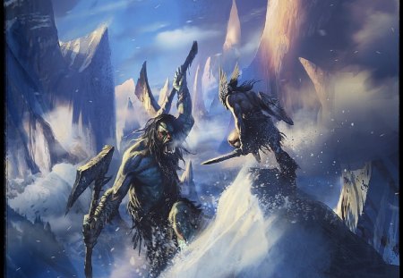 Battle On The Mountains - troll, warrior, snow, mountains, fantasy