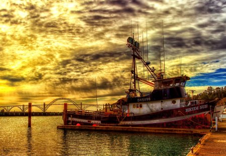 ANCHORED SHIP at DUSK - jetty, bridge, pier, sea, jetty landscape, hdr