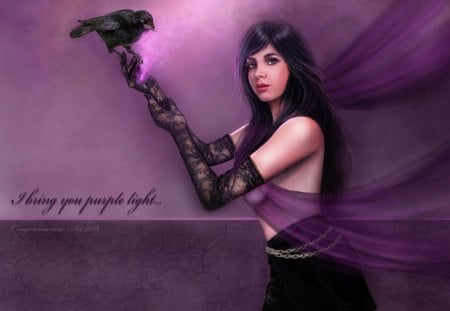 **I bring you purple light** - pretty, birds, female, light, emotional, crow, face, women, paintings, bring, digital art, weird things people wear, colors, brought, hair, girls, lips, model, animals, people, raven, splendor, dress, eyes, drawings, purple, gorgeous, beautiful, gothic, cool, lovely, sweet, tender touch, fantasy, softness, gloves