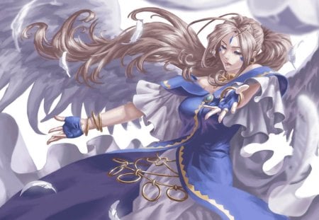 Belldandy - realistic, female, hot, angel, wings, anime girl, belldandy, brown hair, white, anime, feather, cute, sexy, ah my goddess, oh my goddess, girl, long hair, goddess, gown, cg, 3d, blue, wing, dress