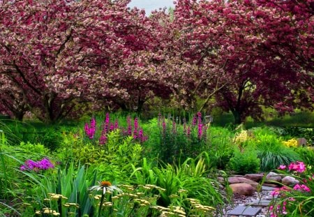 Spring garden - nice, freshness, trees, water, stream, greenery, flowering, spring, blossoms, pretty, river, garden, blooming, flow, park, creel, lovely, nature, beautiful, delight, flowers