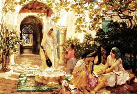 L'Indolence ~ Frederick Arthur Bridgman (1847-1928) - woman, people, l indolence, american, music, instrument, black, turkey, painting, art, green, tree, dolce far ninete, artist, girl, child, harem, odalisque, frederick arthur bridgman, pink, dress