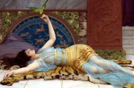 Dolce Far Niente ~ John William Godward (1861-1922) - woman, fur, lazy, british artist, painting, art, yellow, parrot, green, golden, brunette, john william godward, girl, bird, odalisque, dolce far niente, red, blue, animal, dress