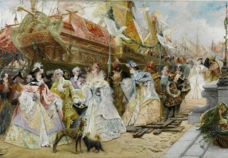 The Royal Entourage ~ Georges Jules Victor Clairin (1843 - 1919) - woman, beauty, people, georges jules victor clairin, white, painting, the royal entourage, art, man, dog, feather, boat, ship, red, blue, pink, animal, french artist, flower, dress