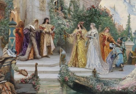 The Arrival of the Guests, Venice ~  Georges Jules Victor Clairin (1843 - 1919) - woman, beauty, people, venice, water, georges jules victor clairin, painting, art, purple, yellow, the arrival of the guests, man, orange, green, golden, boat, lady, lake, girl, blue, pink, french artist, dress, flower