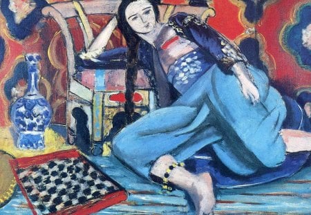 Odalisque with a Turkish Chair ~ Henri Matisse - woman, lazy, girl, black, odalisque with a turkish chair, painting, chess, white, art, abstract, red, blue, brunette, henri matisse