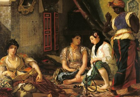 The Women of Algiers in their Apartment (1834) ~ Eugene Delacroix - woman, lazy, black, white, painting, art, green, interior, orange, pillow, girl, harem, odalisque, the women of algiers in their apartment, red, eugene delacroix, french artist, dress