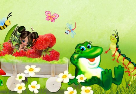 Strawberry Fairy and Frog - strawberries, butterflies, harvest, whimsical, pixie, bug, flowers, bees, elf, fantasy, mushroom, fairy, centipede, frog