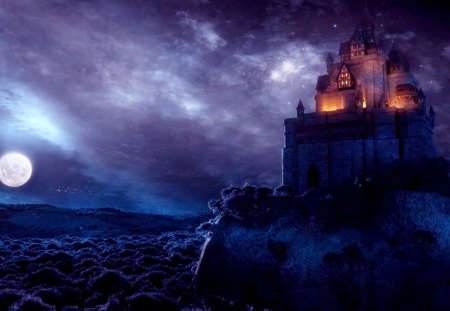 MOONLIGHT NIGHT - Moon, Fantasy Art, Night, Digital Art, Fantasy, Forest, 3d, Castle