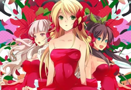 ~Idolmaster~ - girls, red dresses, pretty, anime, idolmaster, colorful, long hair, flowers