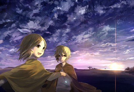 We're On Our Way - clouds, horizon, anime, vocaloid, rin and len kagamine, siblings, blonde, sunset, sky