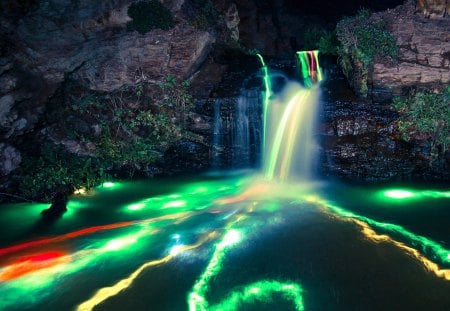 Neon Waterfall - waterfall, nighttime, glow, neon