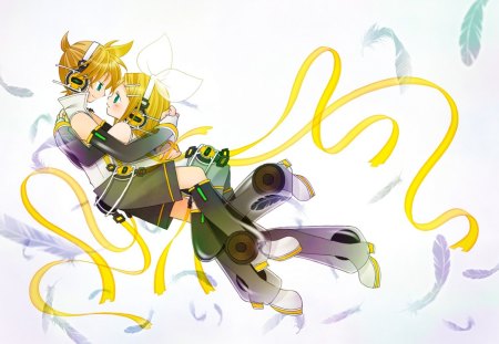 ~I've Found You~ - anime, vocaloid, rin and len kagamine, yellow, siblings, blonde, romance, love, feathers, couple, ribbons