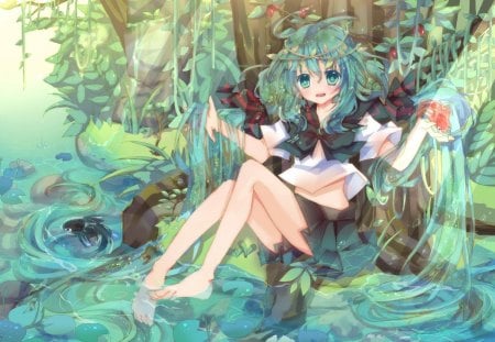 Join The Fun!!! - hatsune miku, fun, water, colorful, barefoot, vocaloid, anime, fish, tree, pond