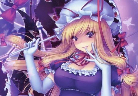 Yakumo Yukari - anime, female, dress, blonde, long hair, bond hair, umbrella, touhou, blond, ribbon, yakumo yukari, hat, anime girl, hot, girl, blonde hair, cap, cute, sexy