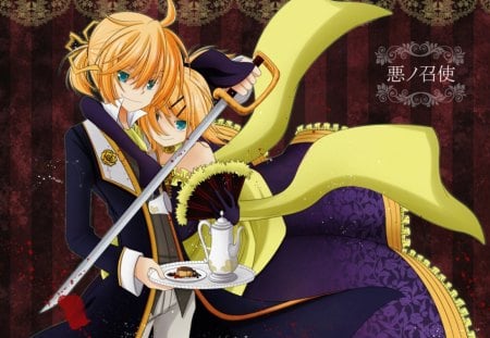 Care For Some Tea? - blood, anime, vocaloid, rin and len kagamine, dress, food, blonde, sword, fan, plate, tray, weapon, teacup, blue eyes