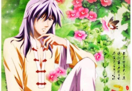 Shi Seiran - hot, saiunkoku monogatari, shi seiran, saiunkoku, anime, oriental, cute, handsome, male, sexy, monogatari, long hair, purple hair, seiran, butterfly, floral, blossom, chinese, guy, flower